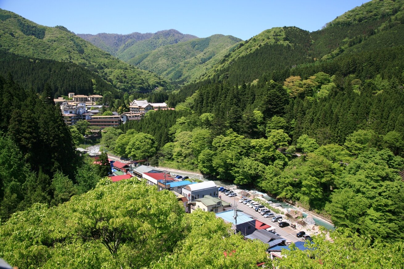 自然豊かな四万温泉の全景(夏)