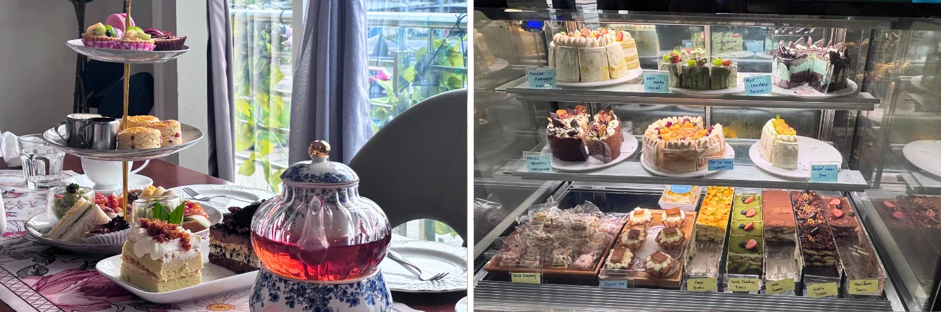 ブルネイの「Aurora's Cafe」で楽しむ華やかなアフタヌーンティーとショーケースのケーキ