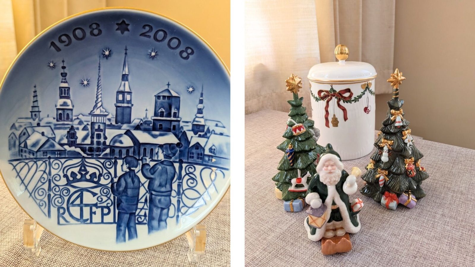 火災で焼け落ちた旧証券取引所の有名な塔が描かれた限定プレートと、クリスマス(サンタとツリー)のフィギュリン