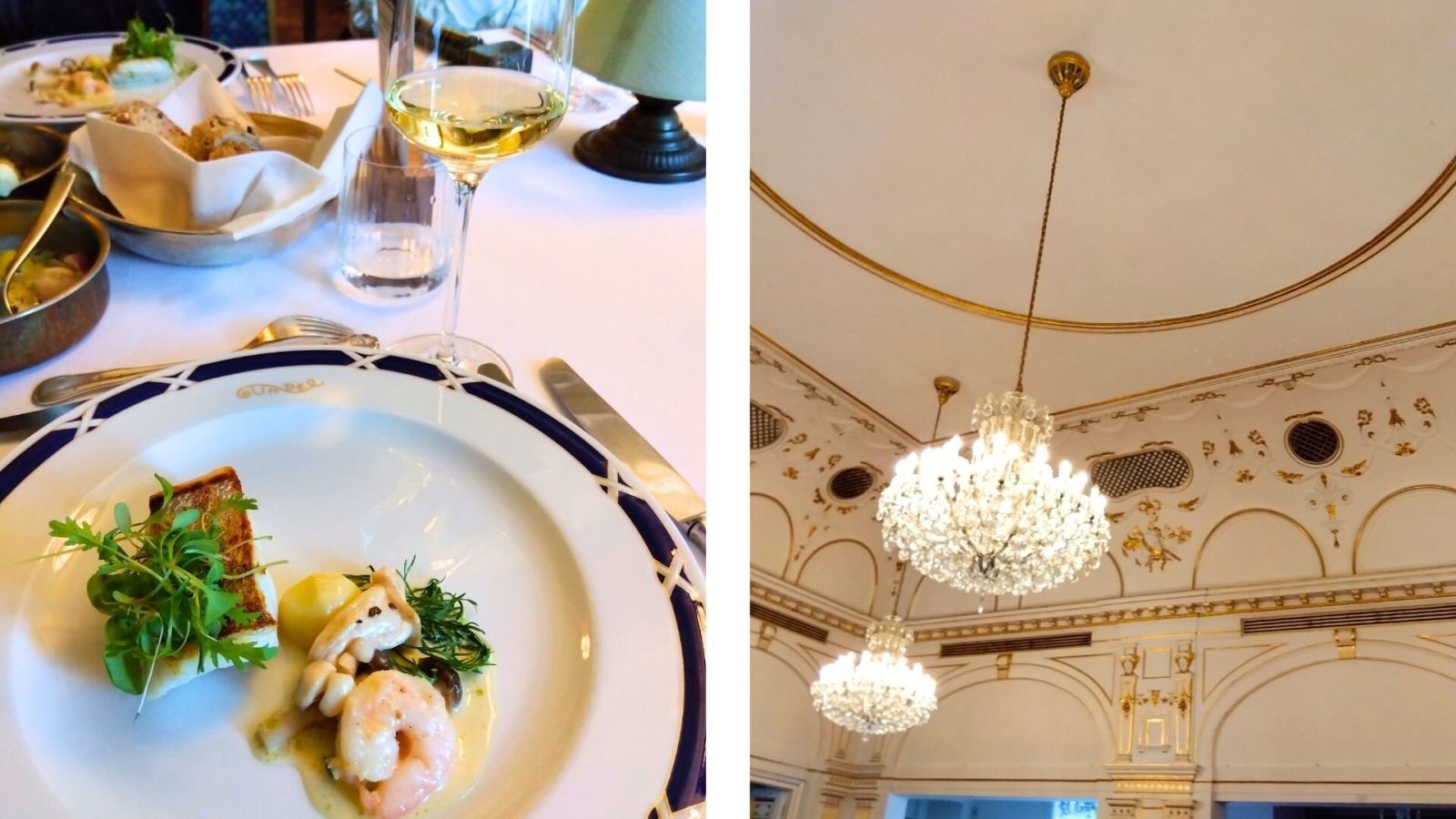 Gundel Cafe Patisserie Restaurant(グンデル)の華やかな食卓とロココ調の天井