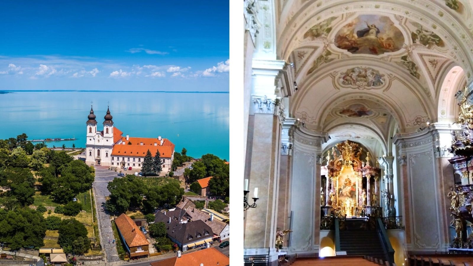 バラトン湖に突き出した半島にあるティハニ修道院(Tihany Abbey)と美しいその内部
